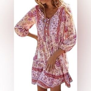 Pink Floral Boho Tassel Tunic Dress Floral Boho Women Summer Beach V-Neck Dresse